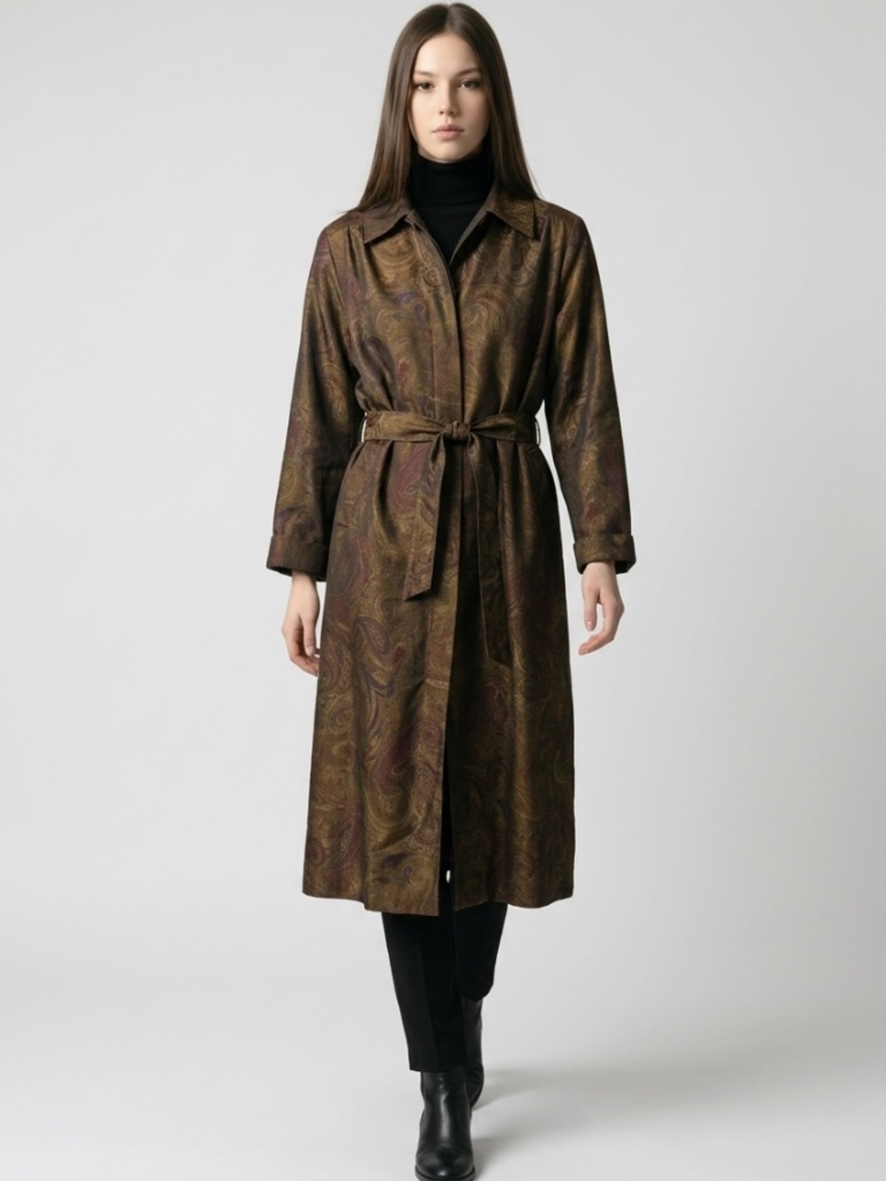 Vintage 90s Paisley-Print Copper Brown Trench Coat with Belt by Barrie Pace (L)
